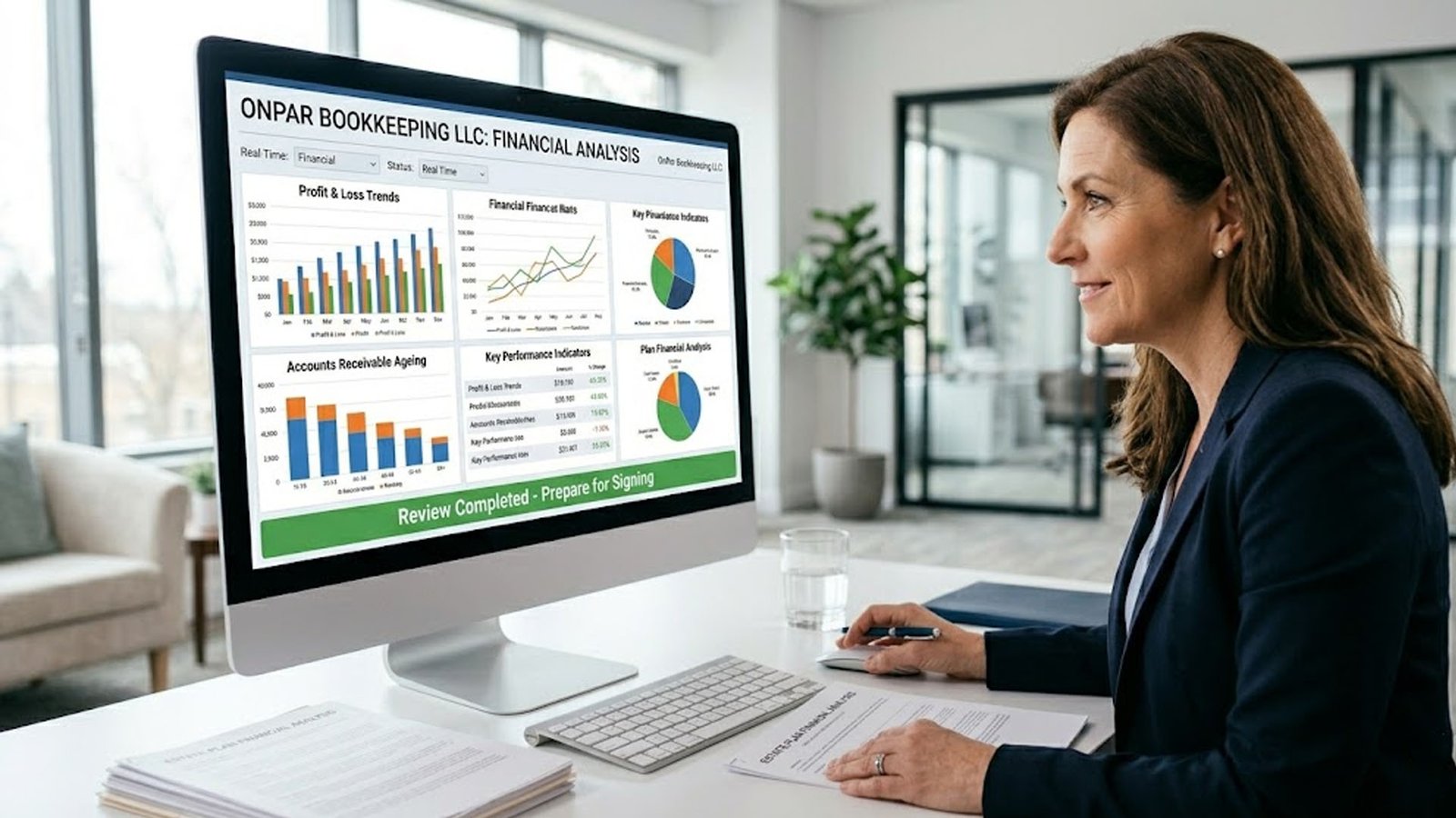 Corporate lawyer analyzing bookkeeping reports and recurring revenue data