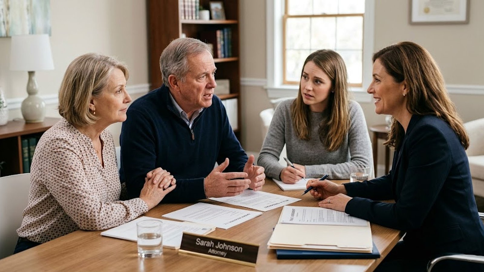 Estate planning attorney guiding a family through wills and asset planning decisions