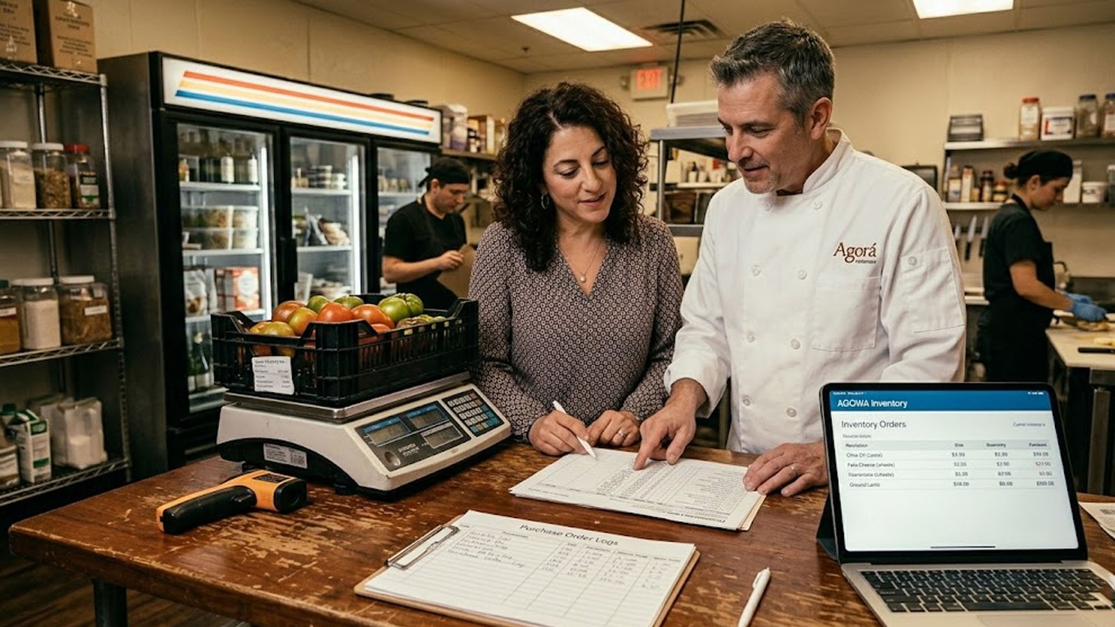 Seattle Greek restaurant owner reviewing finances while managing restaurant operations
