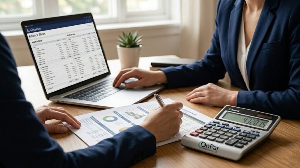 Seattle bookkeeper reviewing financial statements for accuracy
