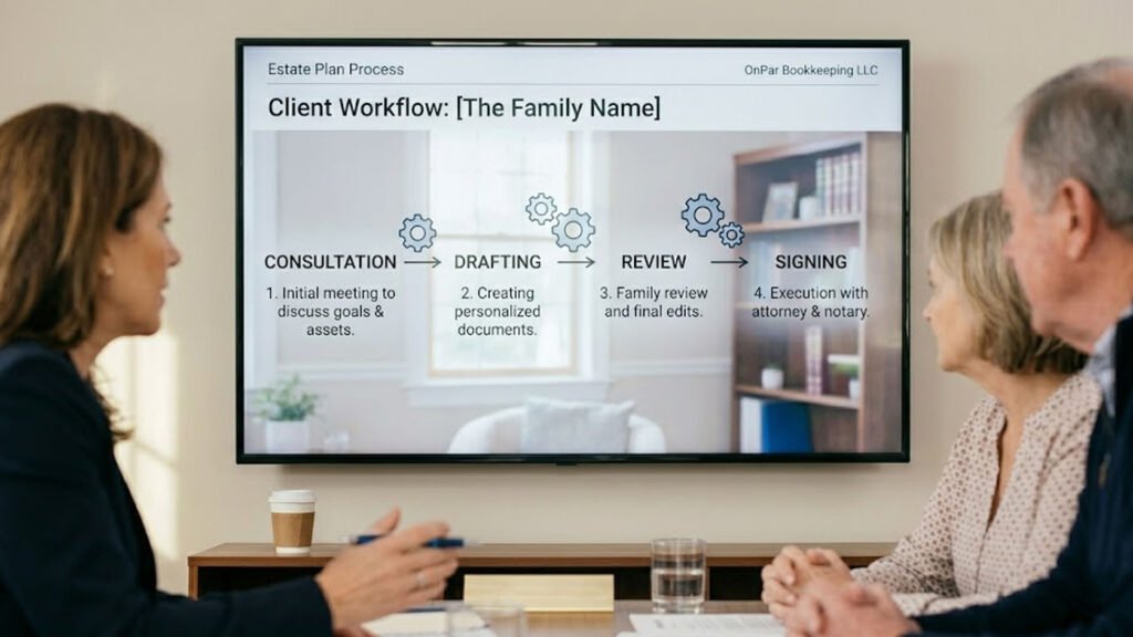  Estate planning workflow tracking system showing stages from client consultation to document execution
