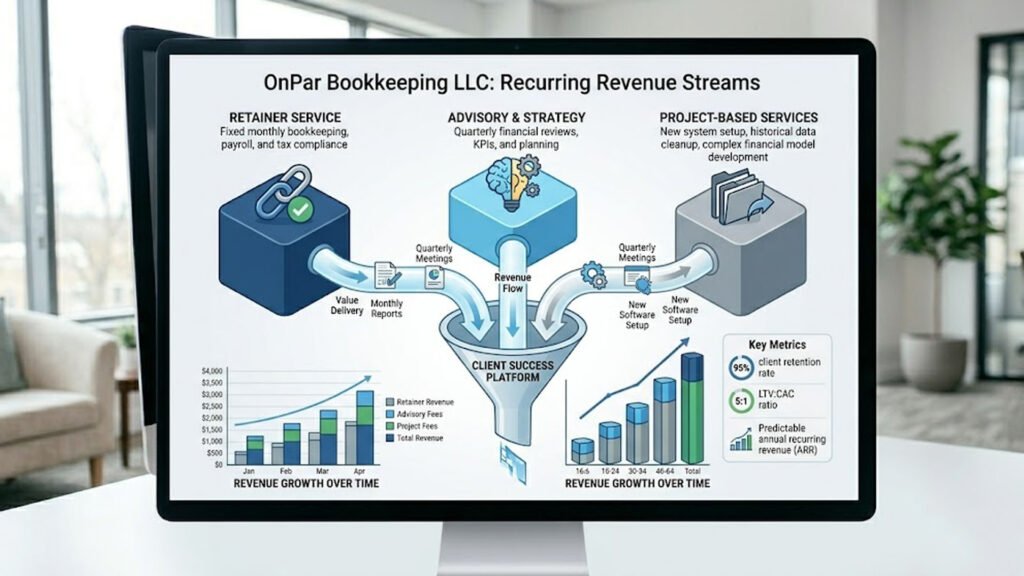 Law firm recurring revenue model showing retainers, advisory services, and project-based income