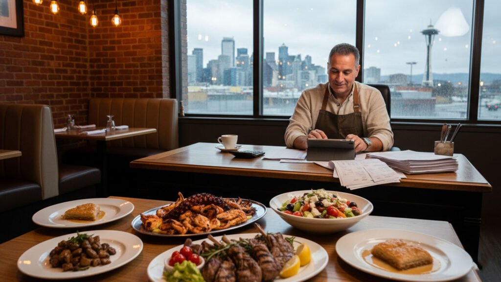 Greek restaurant owner reviewing vendor invoices and expenses
