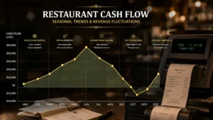 Cash flow fluctuation graph overlaid on restaurant register representing seasonal revenue planning