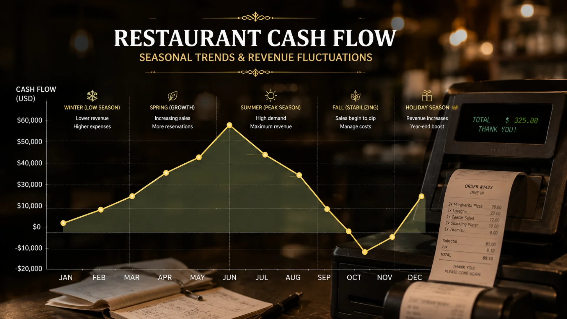 Cash flow fluctuation graph overlaid on restaurant register representing seasonal revenue planning