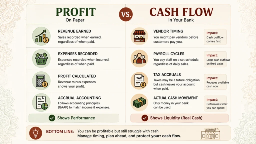 Comparison graphic showing the difference between profit and cash flow for restaurant owners