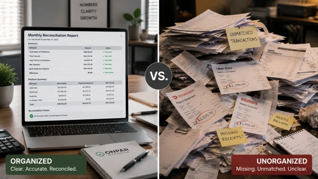 Contrast between organized restaurant bookkeeping and messy unreconciled financial record.