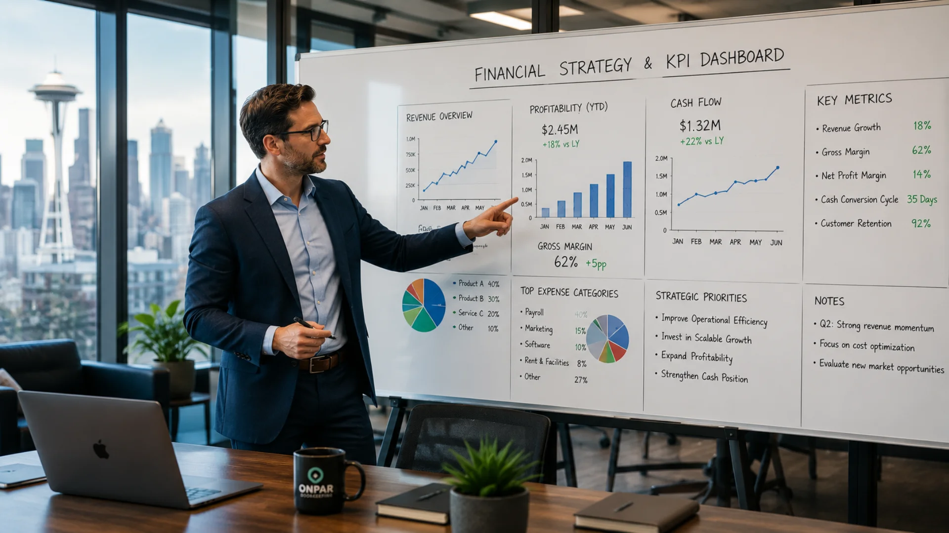High-performing Seattle business leader reviewing financial KPIs on whiteboard