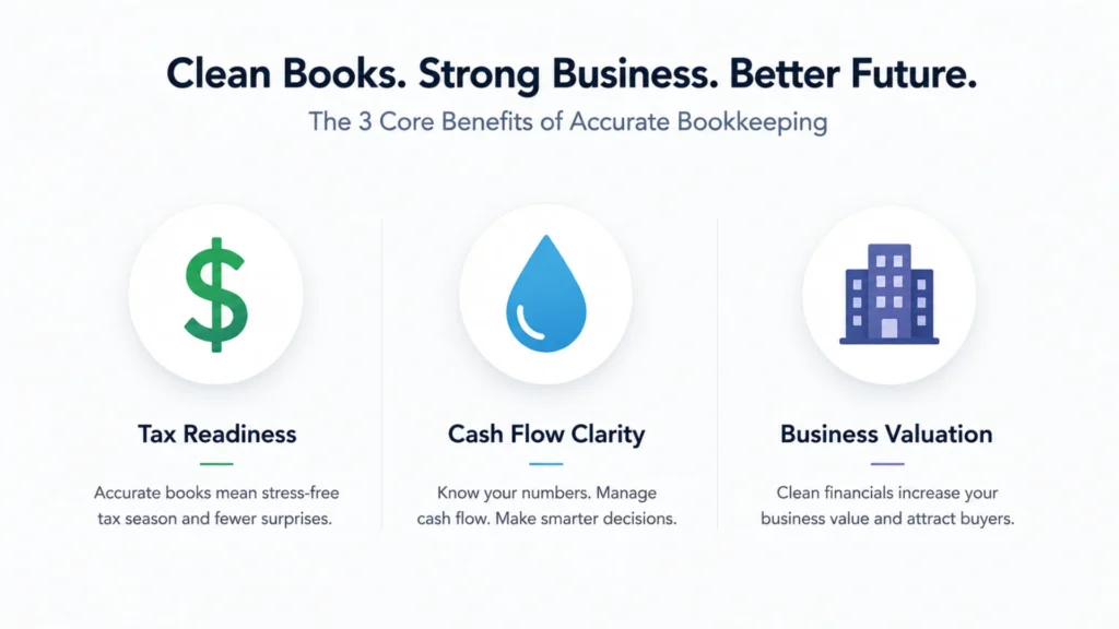 Icons representing tax efficiency, cash flow, and business valuation from accurate bookkeeping