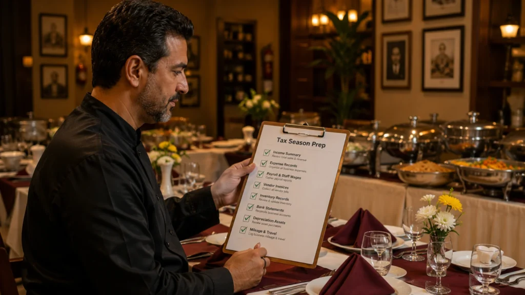 Indian restaurant owner reviewing tax season preparation checklist before filing