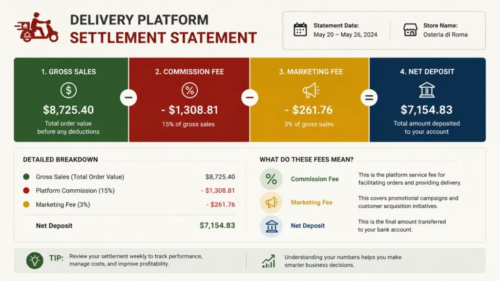 Infographic breaking down delivery platform settlement statement fees for restaurants