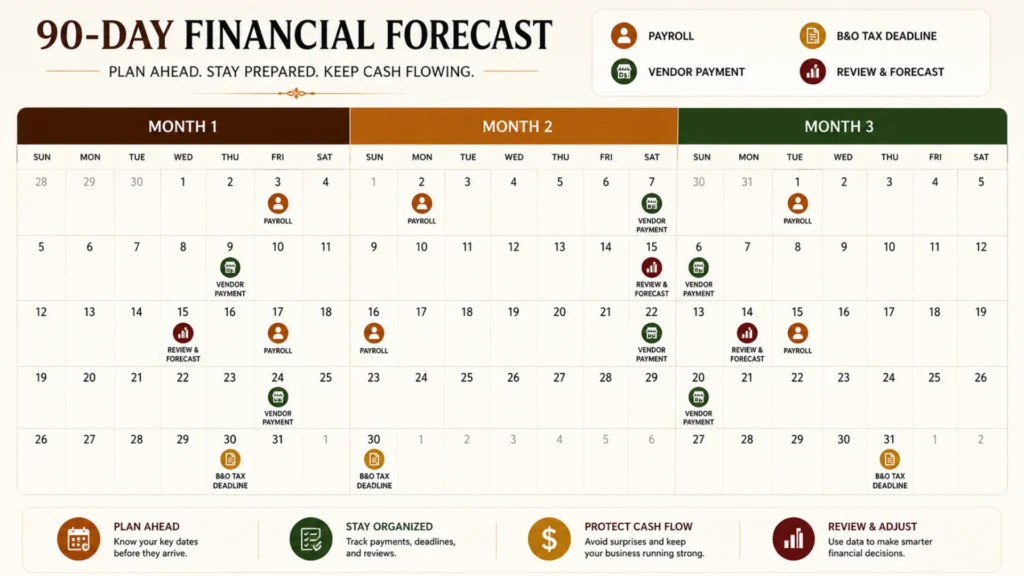 Ninety-day cash flow forecast calendar for Seattle restaurant tax and payroll planning
