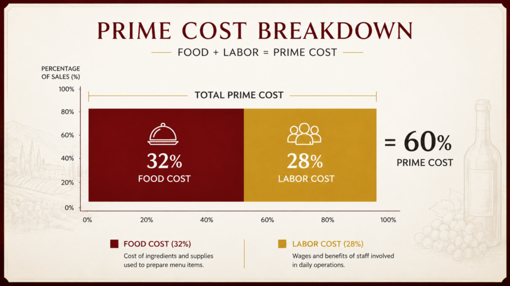 Prime cost chart showing food cost and labor cost percentage breakdown for Italian restaurant
