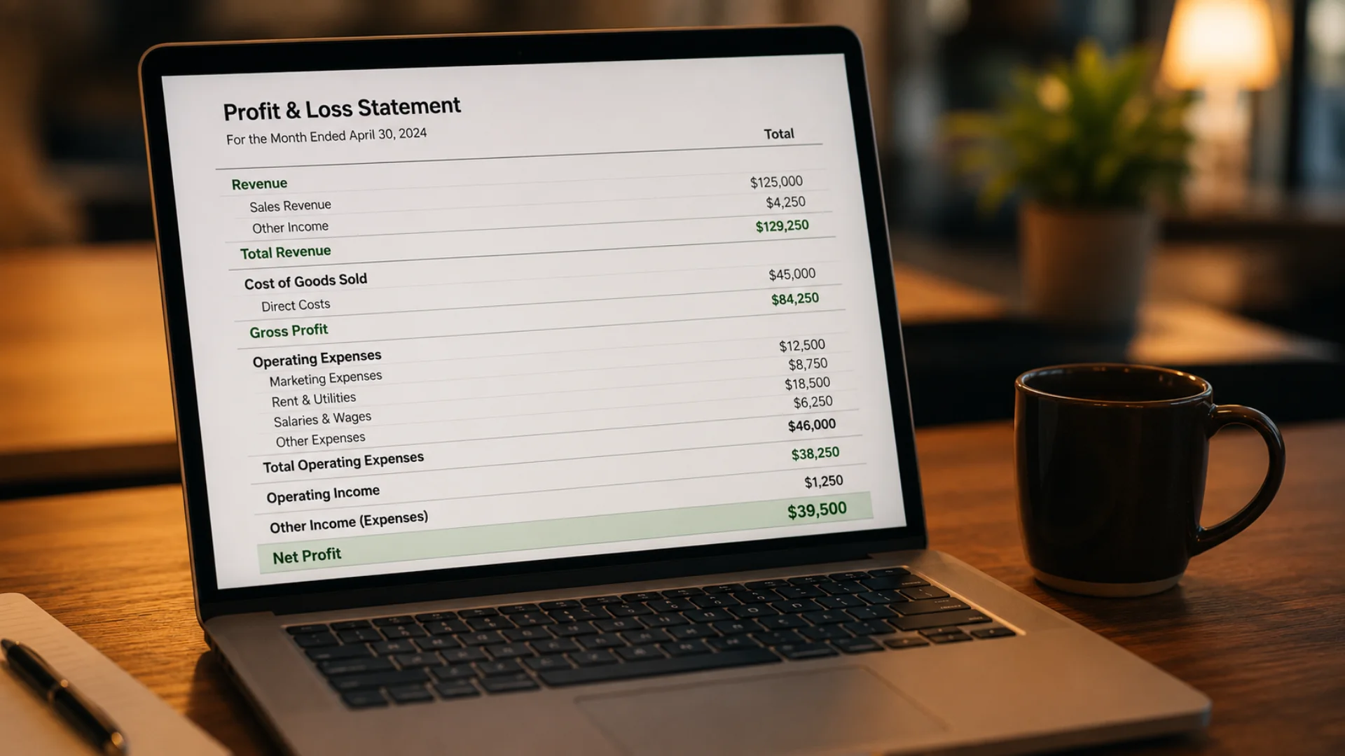 Profit and loss statement on laptop screen for small business review in Seattle