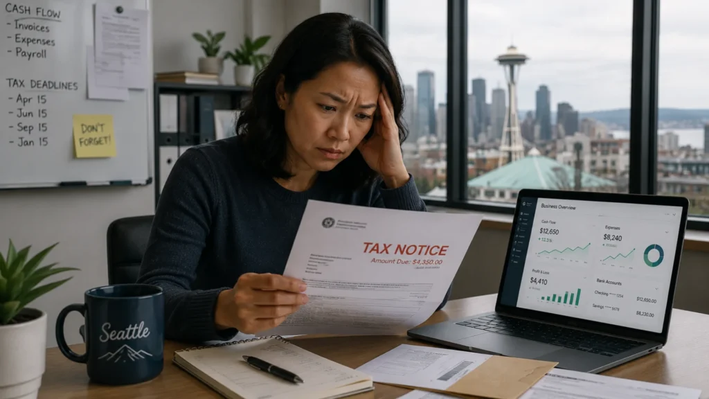 Seattle small business owner reviewing unexpected B&O tax notice from automation errors