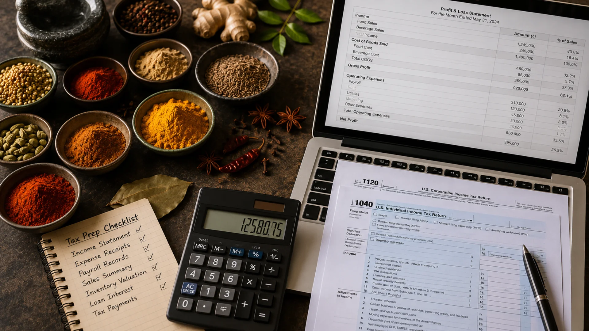Indian restaurant spices and tax preparation documents representing financial readiness for filing season